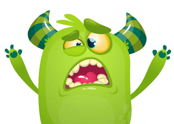Kreskówkowy Zielony Potwór Ilustracja Potwora Zaskoczonym Wyrazem Twarzy Szokujący Zielony — Wektor stockowy