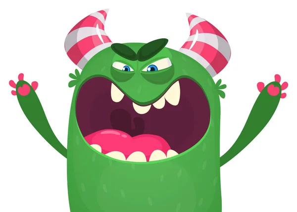 Wściekły Kreskówkowy Zielony Potwór Krzyczy Krzyczy Wściekły Wyraz Twarzy Potwora — Wektor stockowy