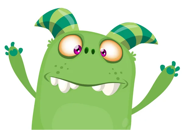Cartoon Green Funny Monster Waving Vector Illustration Banner Print Sticker — Stock Vector