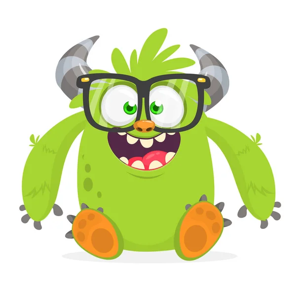 Happy Horned Monster Big Eyeglasses Halloween Vector Illustration Print Sticker — Stockvektor