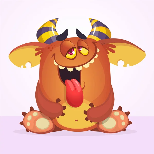 Happy Cool Cartoon Fat Monster Showing Tongue Horned Vector Monster — Vetor de Stock