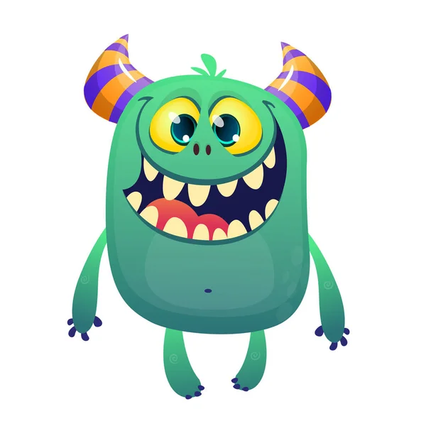 Cool Cartoon Blauw Monster Glimlachen Vector Gehoornde Monster — Stockvector