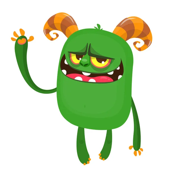 Niedliche Und Mürrische Cartoon Monster Winken Vektorillustration Des Grünen Monsters — Stockvektor