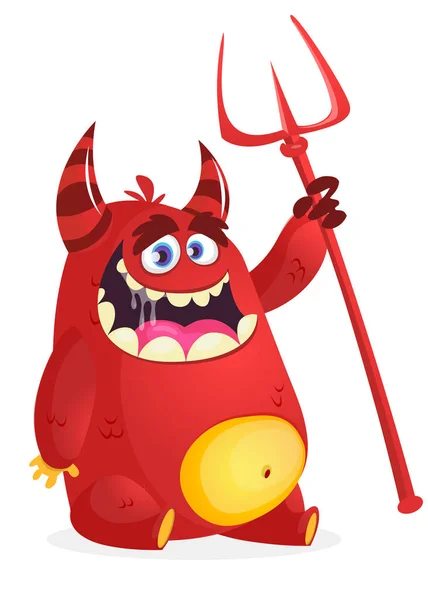 Lindo Personaje Dibujos Animados Diablo Sosteniendo Tridente Horquilla Ilustración Halloween — Vector de stock
