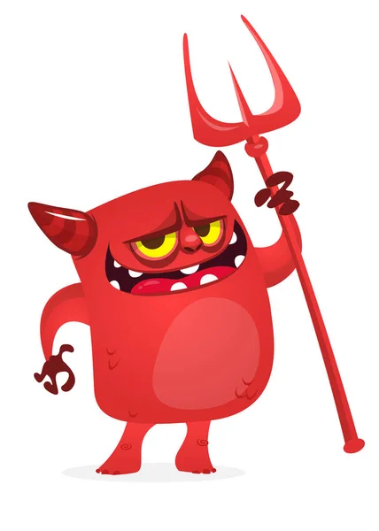 Personagem Desenho Animado Diabo Bonito Segurando Tridente Forquilha Ilustração Halloween — Vetor de Stock