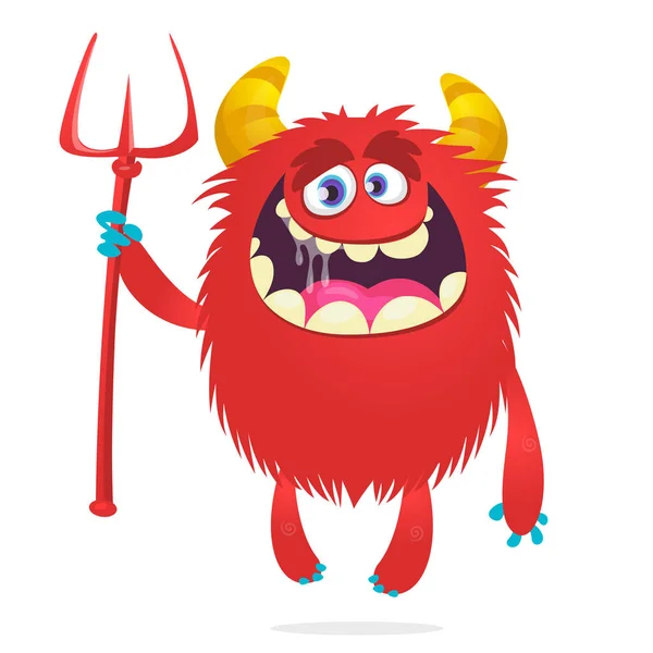 Niedliche Teufel Cartoon Figur Mit Dreizack Oder Mistgabel Illustration Halloween — Stockvektor