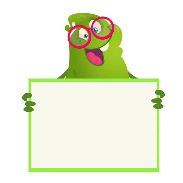 Vector illustration of Funny cartoon monster wearing eyeglasses  holding blank sign