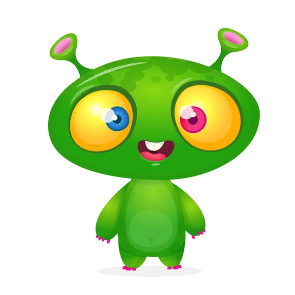 Verde Engraçado Feliz Cartoon Alien Personagem Alienígena Vector Verde Design — Vetor de Stock