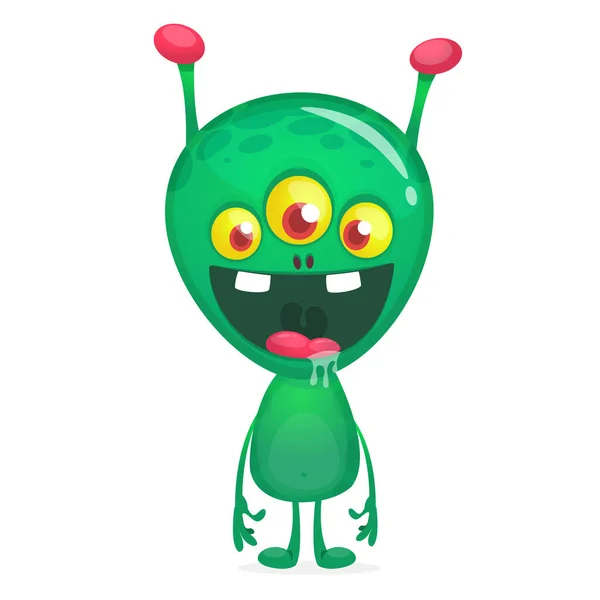 Зеленый Смешной Счастливый Мультфильм Инопланетянина Зеленый Вектор Инопланетного Характера Тремя — стоковый вектор
