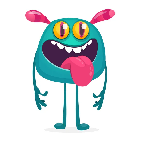 Cartoon Happy Cute Monster Showing Tongue Vector Illustration Stickers Logo — Stockvector