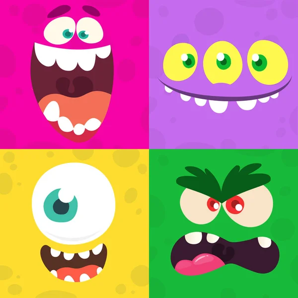 Caras Monstruo Dibujos Animados Conjunto Vectorial Cuatro Caras Monstruo Halloween — Vector de stock