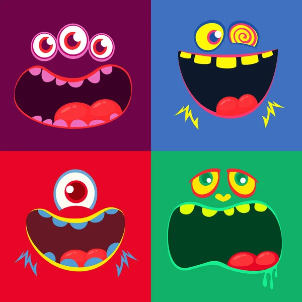 Zeichentrick Monster Gesichter Gesetzt Vektor Set Von Vier Halloween Monstergesichtern — Stockvektor