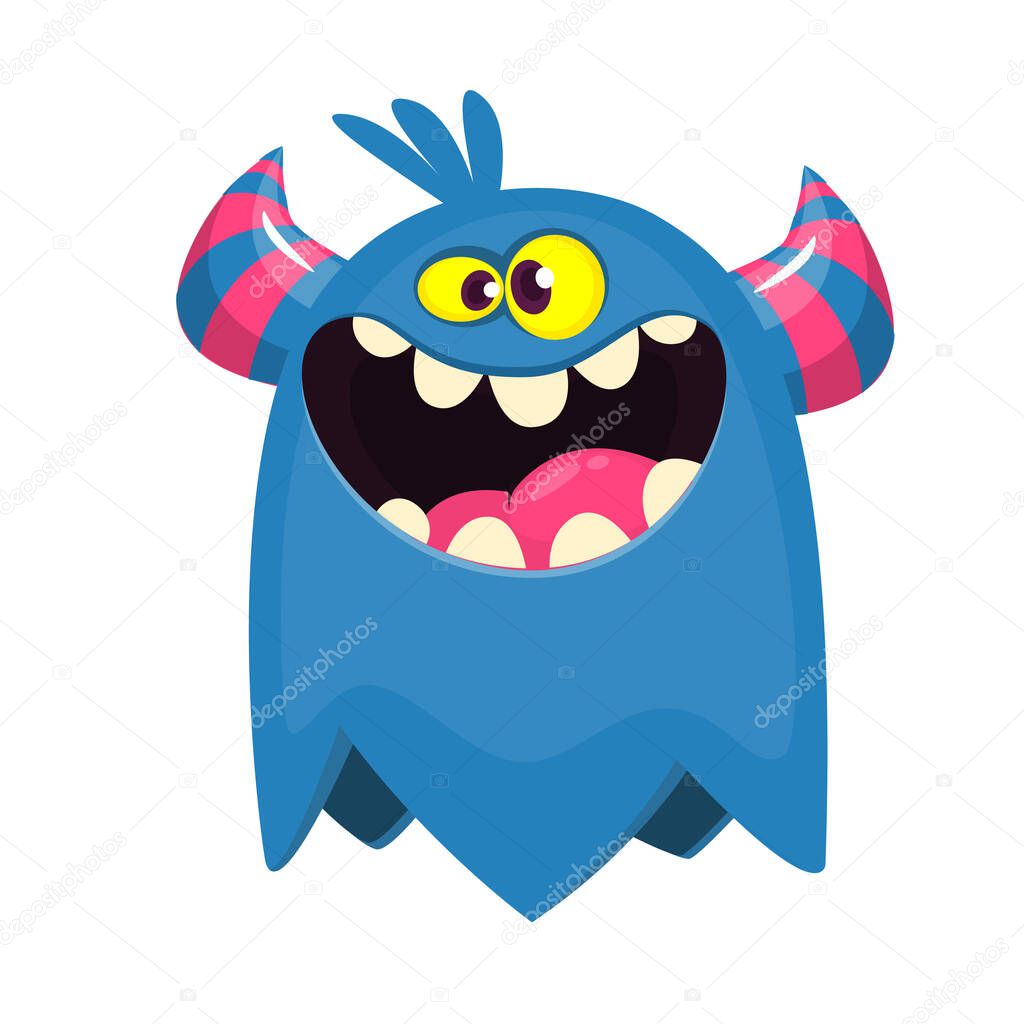 Cartoon happy monster. Halloween illustration of excited monster. Vecto