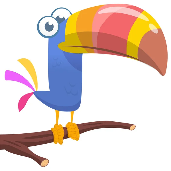 Desenhos Animados Tucano Engraçado Sentado Árvore Ilustração Pássaro Vetorial —  Vetores de Stock