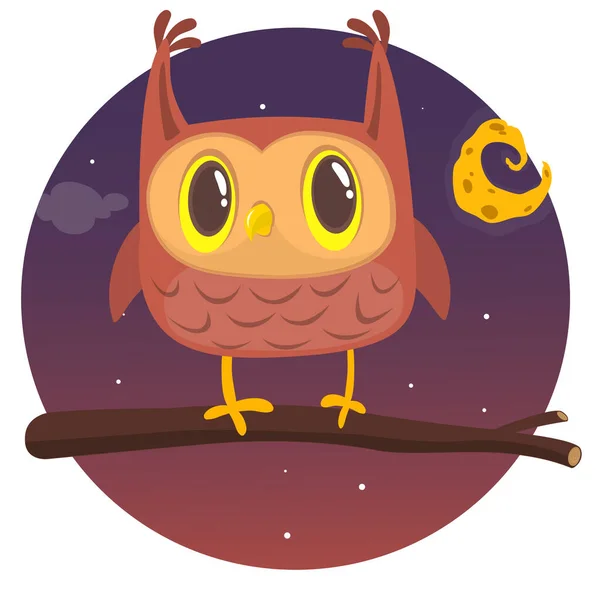 Funny Cartoon Owl Big Eyes Sitting Branch Night Background — Wektor stockowy