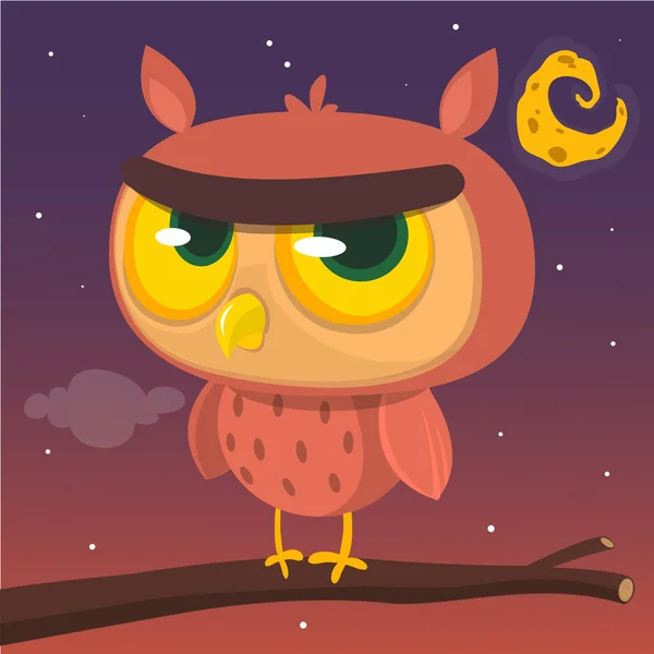 Funny Cartoon Owl Big Eyes Sitting Branch Night Background — Stok Vektör