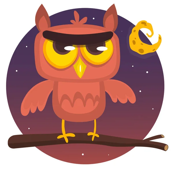 Funny Cartoon Owl Big Eyes Sitting Branch Night Background —  Vetores de Stock