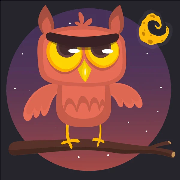 Funny Cartoon Owl Big Eyes Sitting Branch Night Background —  Vetores de Stock