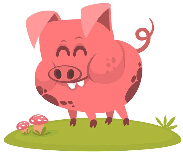 Happy Cartoon Pig Illustration Smiling Piggy Standing Meadow — стоковый вектор