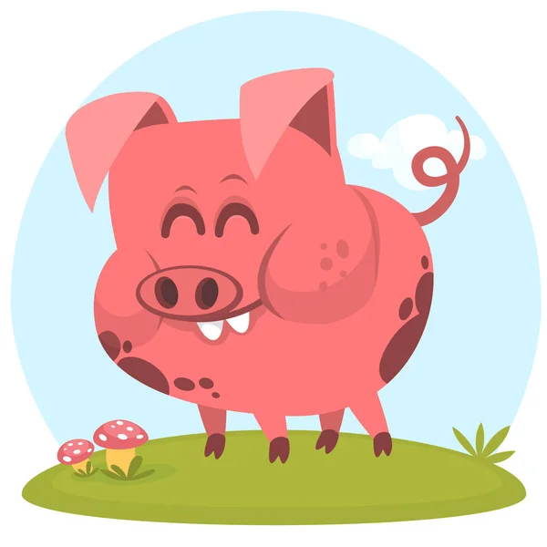 Happy Cartoon Pig Illustration Smiling Piggy Standing Meadow — стоковый вектор