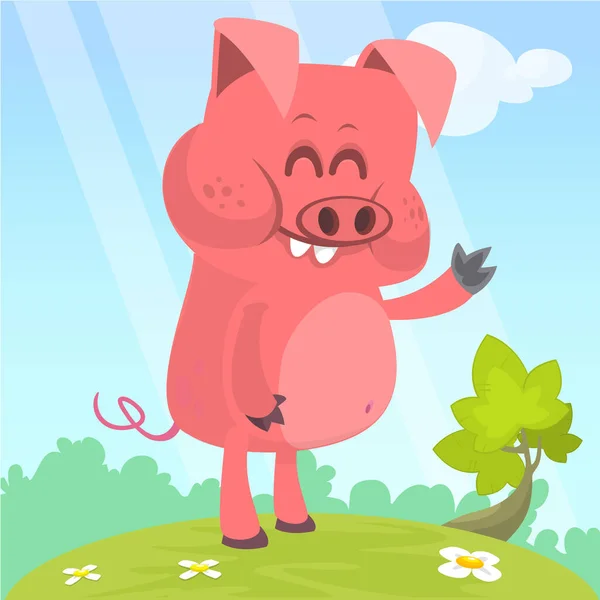 Happy Cartoon Pig Illustration Smiling Piggy Standing Meadow — стоковый вектор