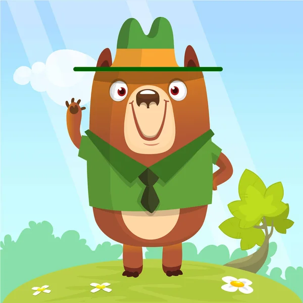 Cartoon Funny Bear Scout Ranger Wearing Green Hat Standing Summer — Vector de stock