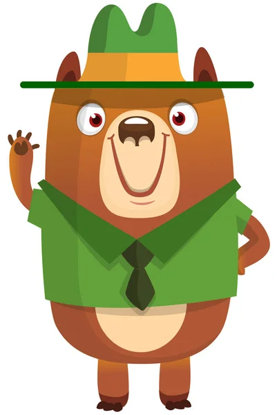 Cartoon Funny Bear Scout Ranger Wearing Green Hat Vector Illustration — Stock vektor