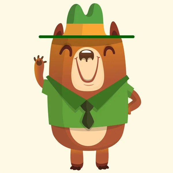 Cartoon Funny Bear Scout Ranger Wearing Green Hat Vector Illustration — Wektor stockowy