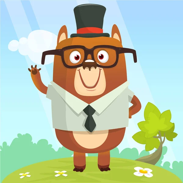 Happy Cartoon Bear Wearing Eyeglasses Major Hat Vector Illustration Brown — Archivo Imágenes Vectoriales