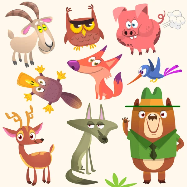 Conjunto Lindos Animales Tropicales Aislados Sobre Fondo Blanco Búho Cabra — Vector de stock