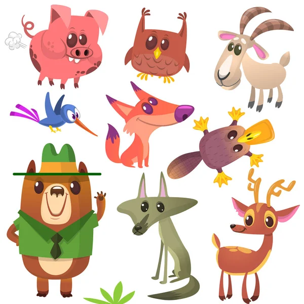 Conjunto Lindos Animales Tropicales Aislados Sobre Fondo Blanco Búho Cabra — Vector de stock