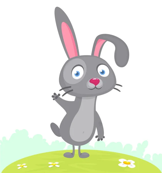 Happy Cute Bunny Cartoon Standing Meadow Easter Vector Rabbit Illustration — Stock Vector