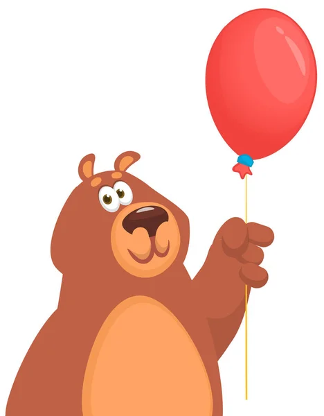 Χαρούμενη Αρκούδα Καρτούν Κρατώντας Κόκκινο Μπαλόνι Εικονογράφηση Διάνυσμα Καφέ Αρκούδα — Διανυσματικό Αρχείο