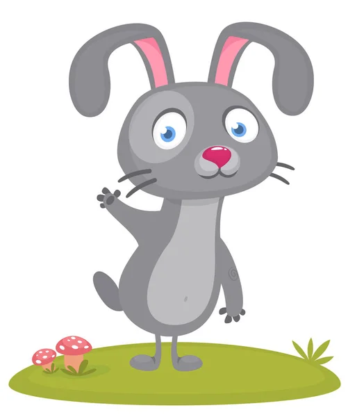 Happy Cute Bunny Cartoon Standing Meadow Easter Vector Rabbit Illustration — Stock Vector