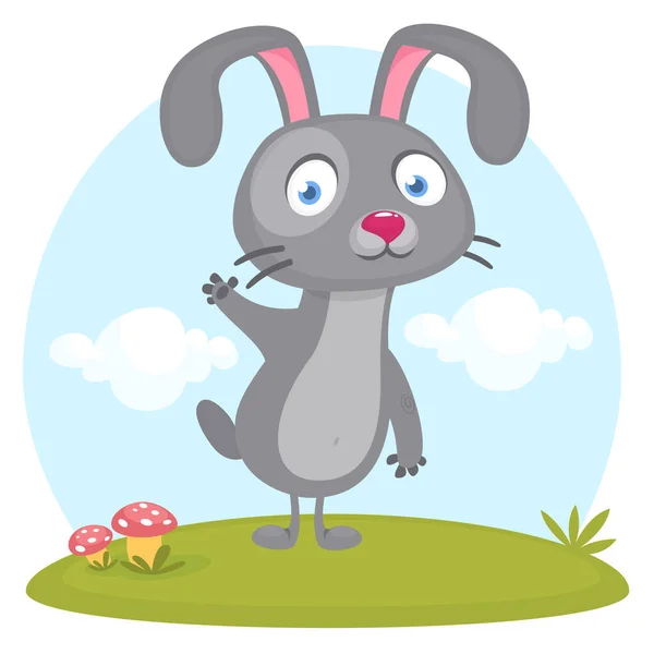 Happy Cute Bunny Cartoon Standing Meadow Easter Vector Rabbit Illustration — Image vectorielle