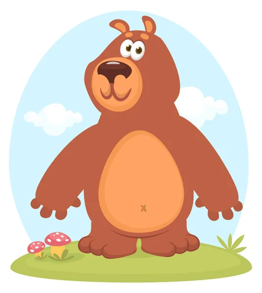 Happy Cartoon Bear Vector Illustration Brown Grizzly Bear — Stok Vektör