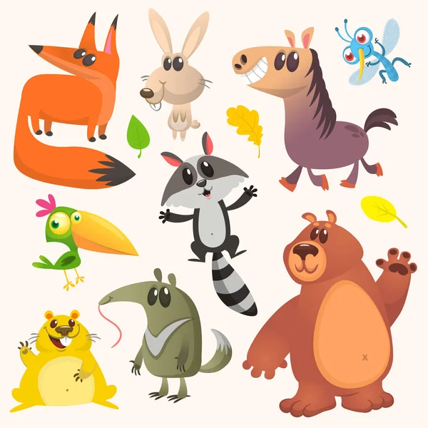 Set Funny Animals Isolated White Background Cartoon Fox Ant Eater — ストックベクタ
