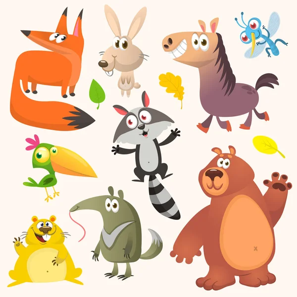 Set Funny Animals Isolated White Background Cartoon Fox Ant Eater —  Vetores de Stock