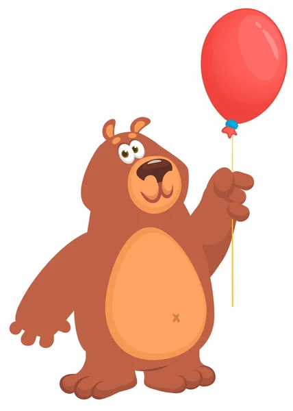 赤い風船を持った幸せな漫画クマ 茶色のグリズリークマのベクトルイラスト パーティー誕生日キャラクターデザイン — ストックベクタ