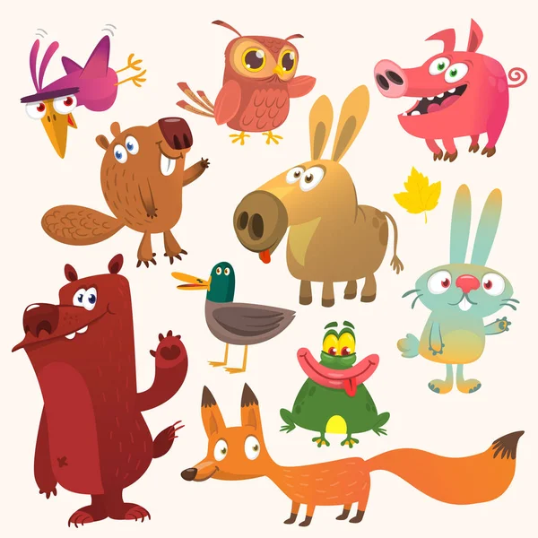 Set Funny Animals Isolated White Background Cartoon Fox Owl Bunny —  Vetores de Stock
