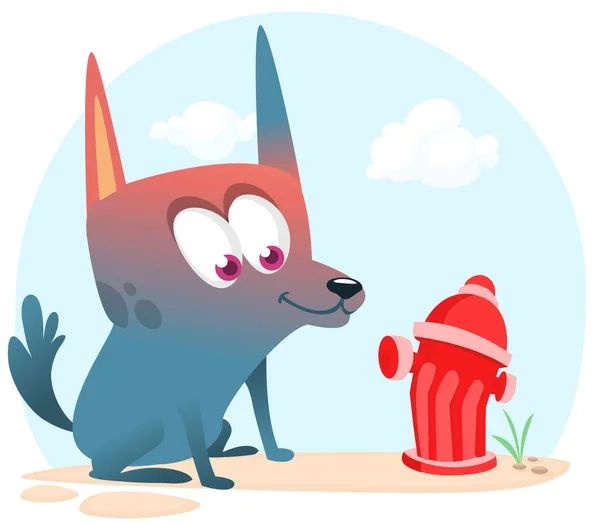 Cartoon Funny Dog Sniffing Fire Hydrant Vector Illustration Isolated — Vettoriale Stock