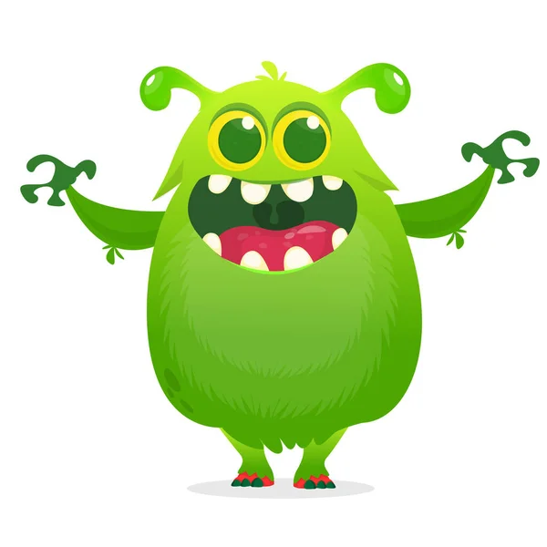 Cartoon Grünes Pelziges Monster Halloween Vektor Illustration Des Aufgeregten Monsters — Stockvektor