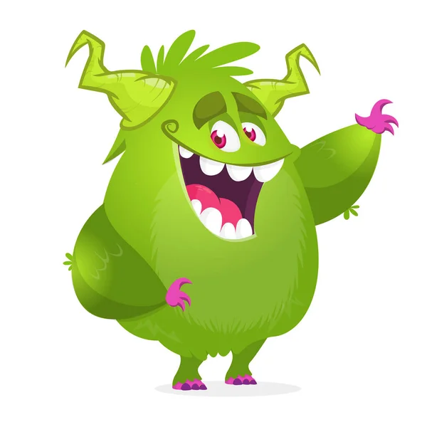 Cartoon Grünes Pelziges Monster Halloween Vektor Illustration Des Aufgeregten Monsters — Stockvektor
