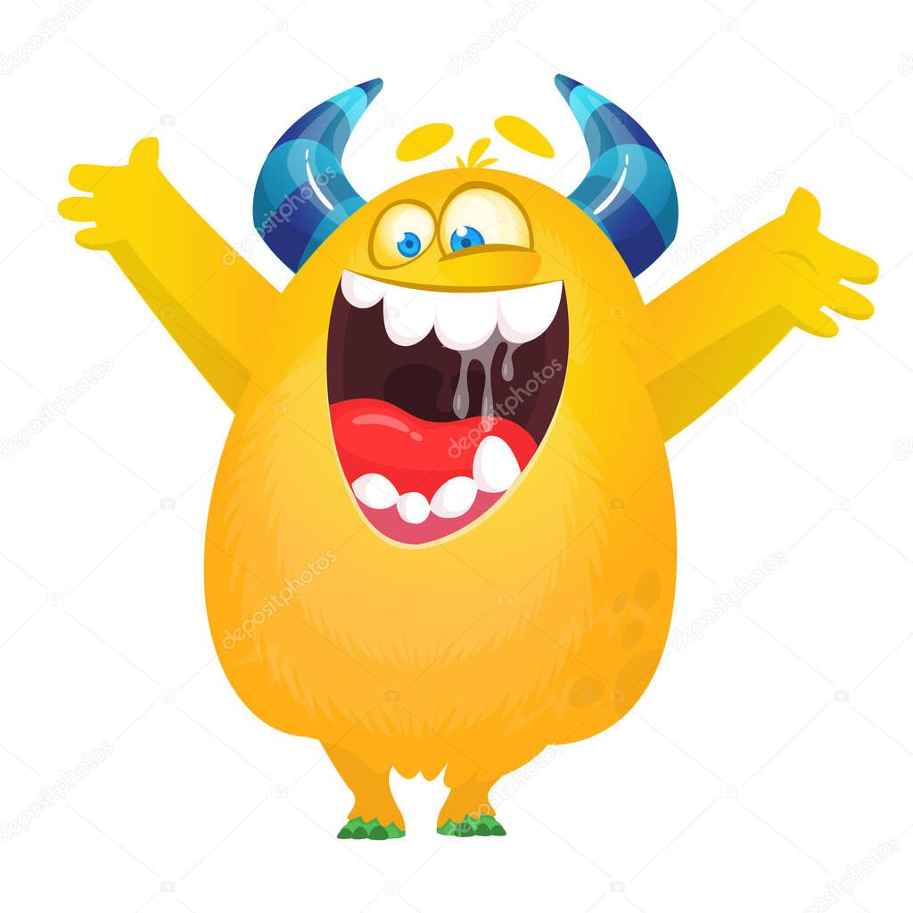 Cute cartoon monster with horns. Smiling monster emotion with big mouth. Halloween vector illustration