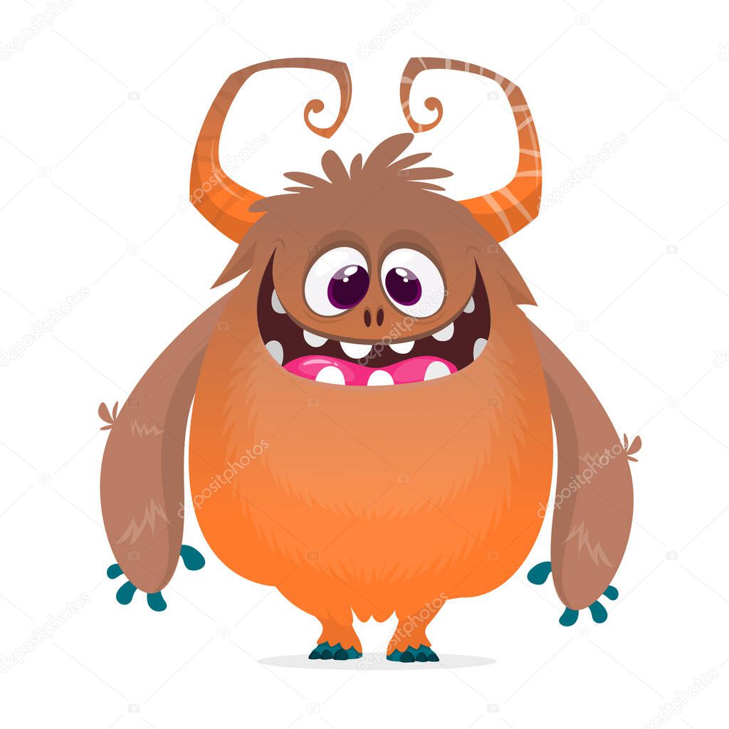 Cute cartoon monster with horns. Smiling monster emotion with big mouth. Halloween vector illustration