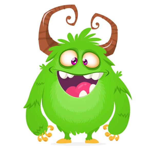 Nettes Cartoon Monster Mit Hörnern Lächelnde Monstergefühle Mit Großem Mund — Stockvektor
