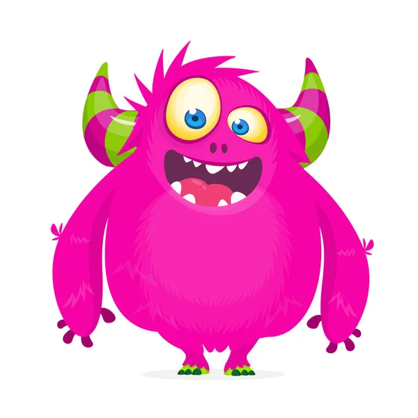 Söta Tecknade Monster Med Horn Ler Monster Känslor Med Stor — Stock vektor