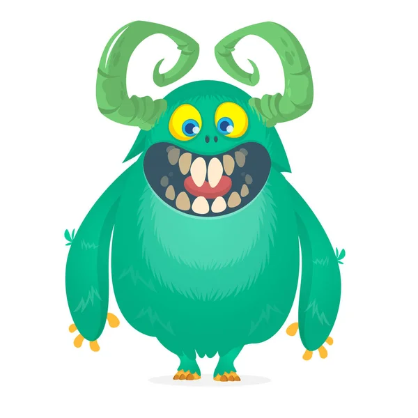 Roztomilý Kreslený Monstrum Rohy Usmívající Monstrum Emoce Velkými Ústy Halloween — Stockový vektor