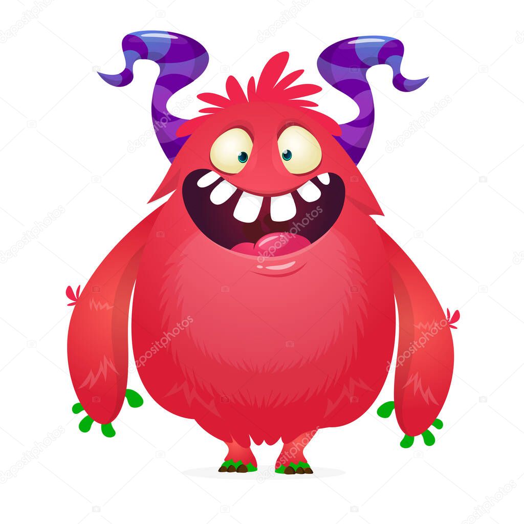 Cartoon red furry monster. Halloween vector illustration of excited monster