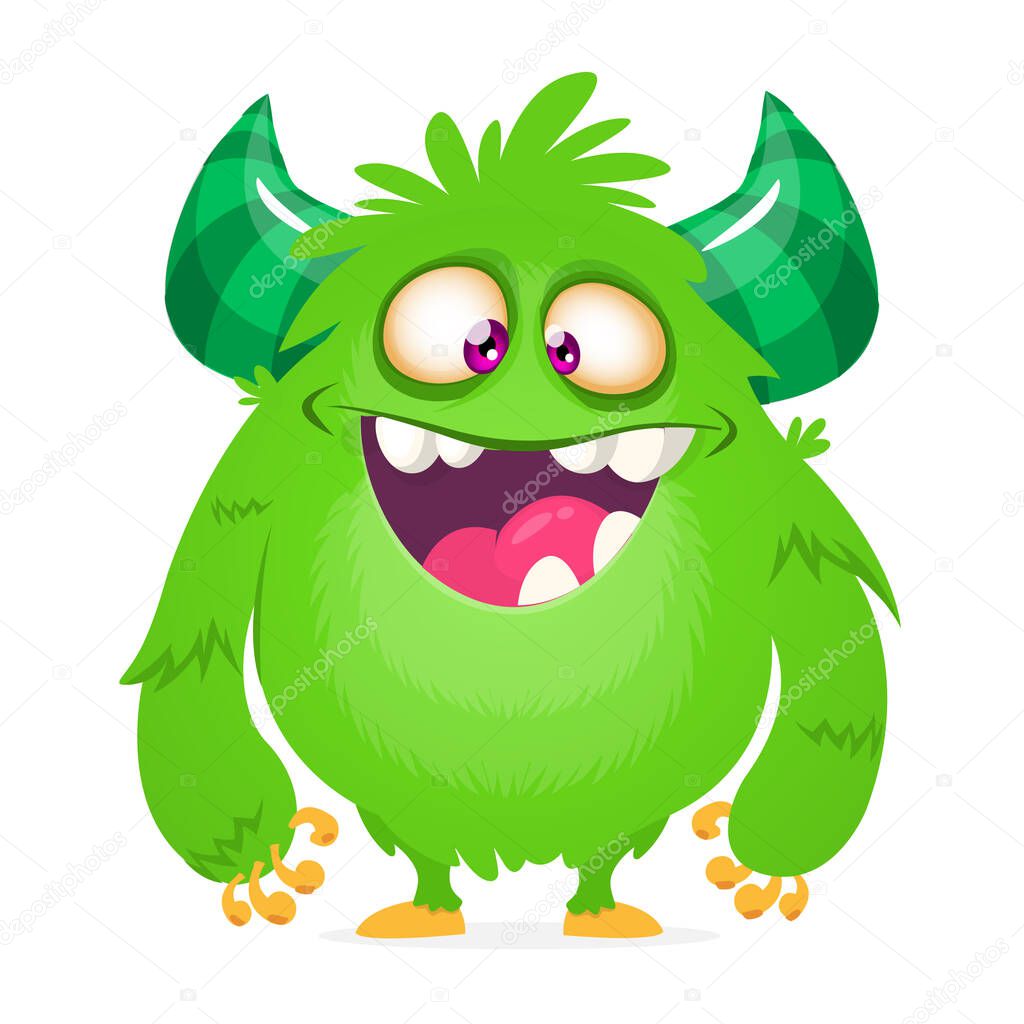 Cute cartoon monster  with horns. Smiling monster emotion with big mouth. Halloween vector illustration